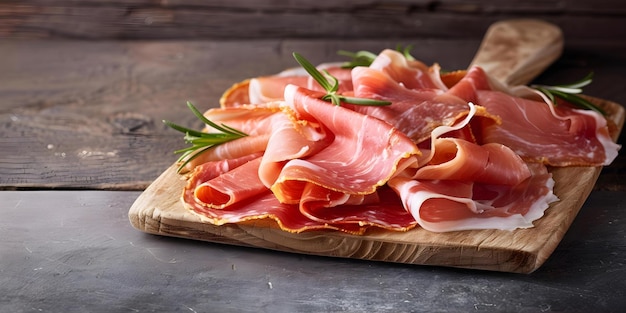 Elegant display of Prosciutto di Parma and Jamon Serrano on rustic background Concept Food Styling Charcuterie Art Rustic Presentation