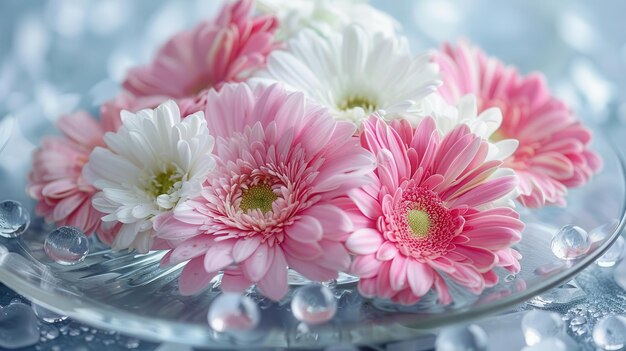 Photo an elegant display of white and pink flowers on a glass plate with leaves and clear stones creating a feeling of serenity and purity