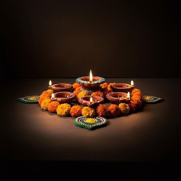 Photo elegant diwali home decor featuring marigold flowers and traditional elements