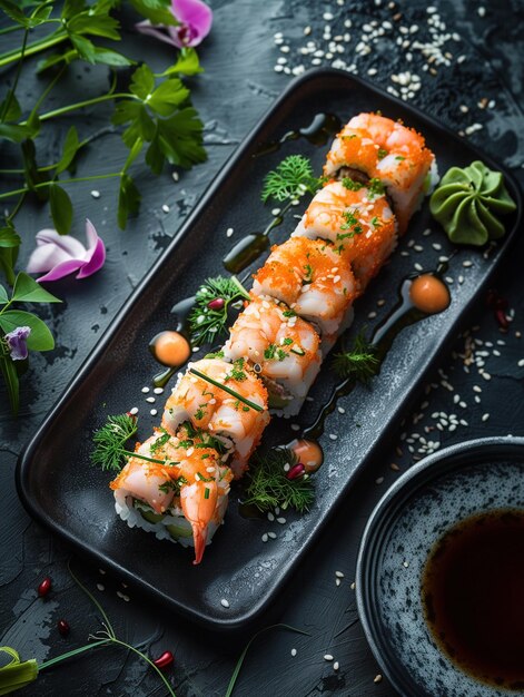 Elegant Double Shrimp Roll sushi with shrimp tempura avocado and cucumber wrapped in rice and nori on a dark plate