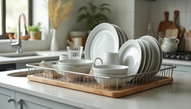 Photo elegant drainer displaying clean dishware glasses and cups on a bright indoor table by the sink