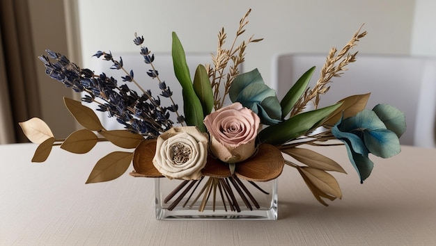 Photo elegant dried flower centerpiece with beige and blue accents