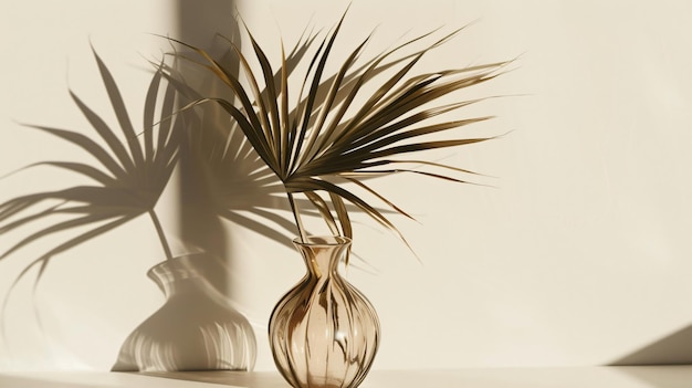 Photo elegant dry palm leaf stem in glass vase with shadows