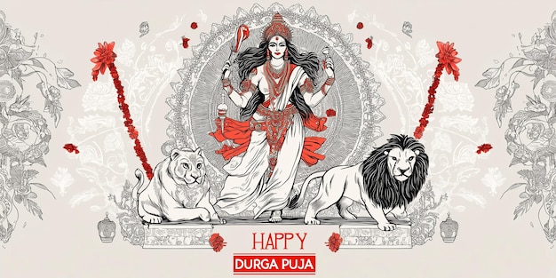 Elegant Durga Puja Illustration Banner of Indian Hindu religious festival