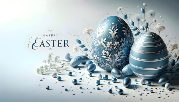 Elegant Easter eggs with blue patterns and beads on a white background with festive greetings