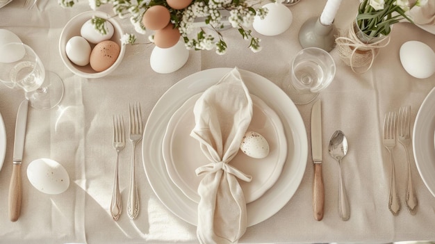 Elegant Easter Table Setting in Neutral Tones from Above