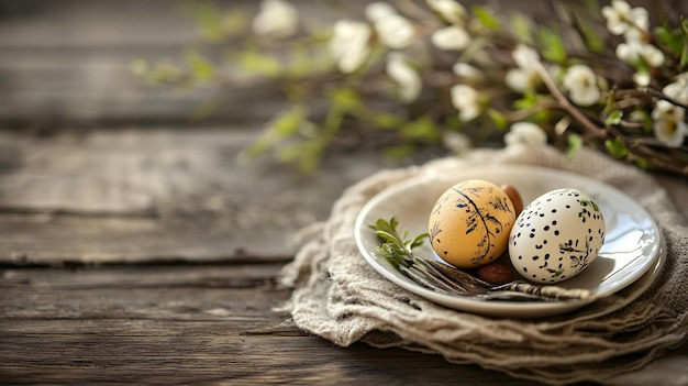 Photo elegant easter table setting with painted egg on wooden surface