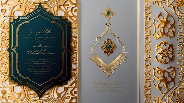 Elegant Eid alAdha invitation card with ornate mosque silhouetted in intricate design