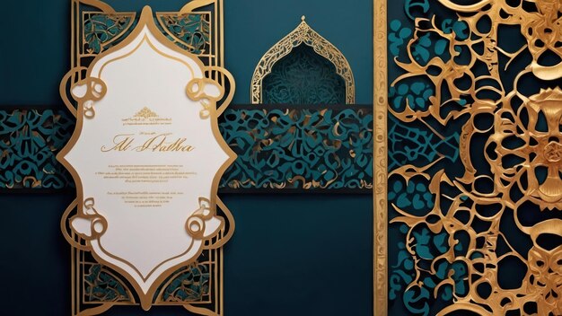 Elegant Eid alAdha invitation card with ornate mosque silhouetted in intricate design