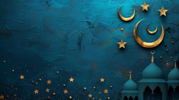 Elegant eid mubarak banner featuring mosque silhouettes golden crescents and stars over a textured