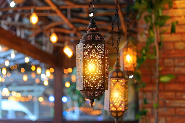 Elegant eid mubarak mosque wallpaper with hanging lantern