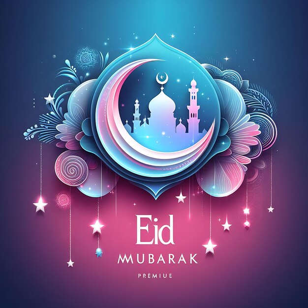 Photo elegant eid mubarak premium vector illustration with luxury blue pink gradient design