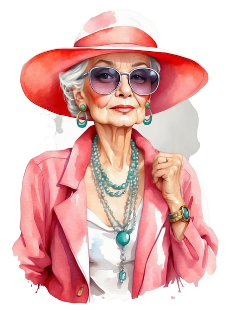 Elegant elderly woman in stylish pink hat and jacket with sunglasses and bijouterie watercolor print