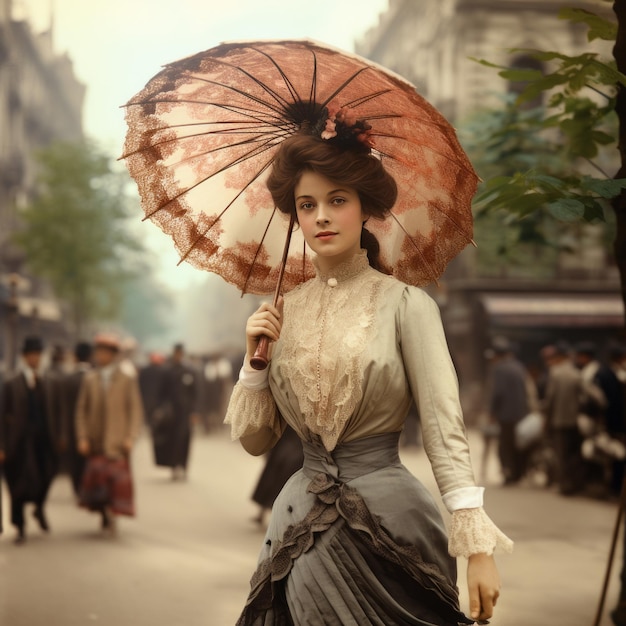 Elegant Elegance A Fashionable Woman Holding a Parasol on the Streets of Saint Denis 1900s