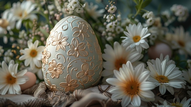 Elegant Embossed Easter Egg Amidst Spring Daisies