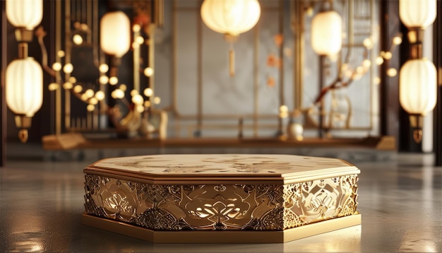 Photo elegant empty podiums with intricate gold detailing in a luxurious lanternlit setting perfect for product display