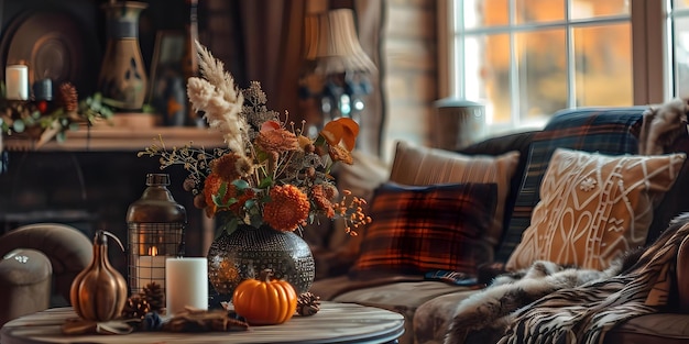 Photo elegant english country house decor with autumnal accents and cozy furnishings concept english country house decor autumn accents cozy furnishings elegant style home interior design