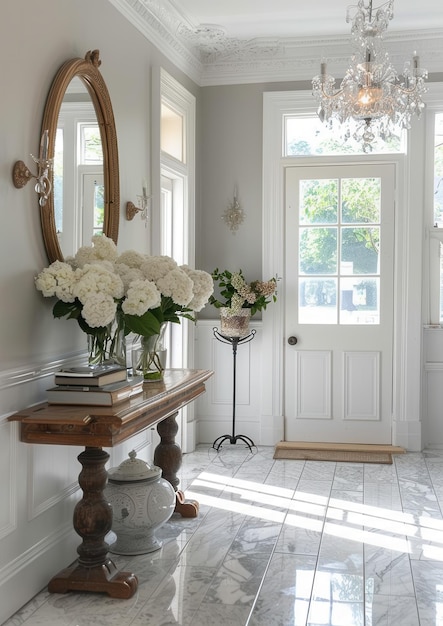 Elegant Entryway A grand entryway with a marble floor a chandelier and a large mirror Add a conso