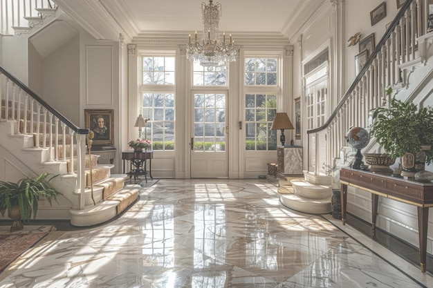 Elegant Entryway A grand entryway with a marble floor a chandelier and a large mirror Add a conso