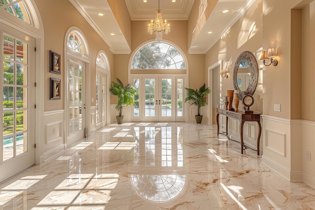 Elegant Entryway A grand entryway with a marble floor a chandelier and a large mirror Add a conso