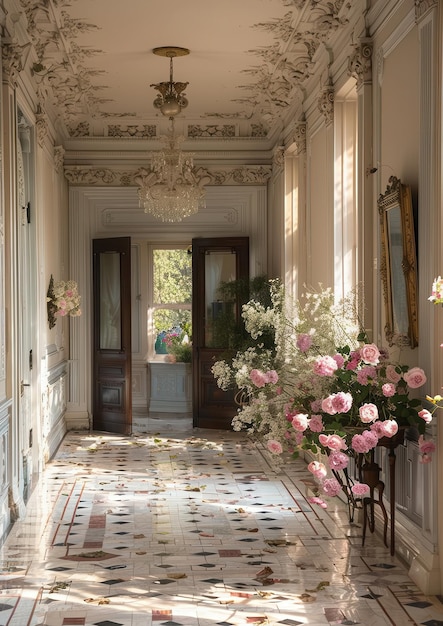 Elegant Entryway A grand entryway with a marble floor a chandelier and a large mirror Add a conso