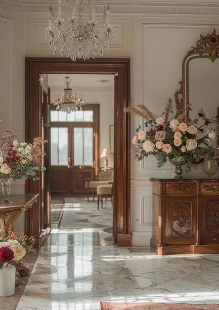 Elegant Entryway A grand entryway with a marble floor a chandelier and a large mirror Add a conso