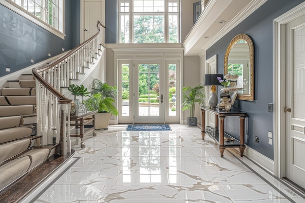 Elegant Entryway A grand entryway with a marble floor a chandelier and a large mirror Add a conso