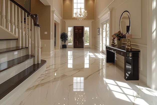 Elegant Entryway A grand entryway with a marble floor a chandelier and a large mirror Add a conso