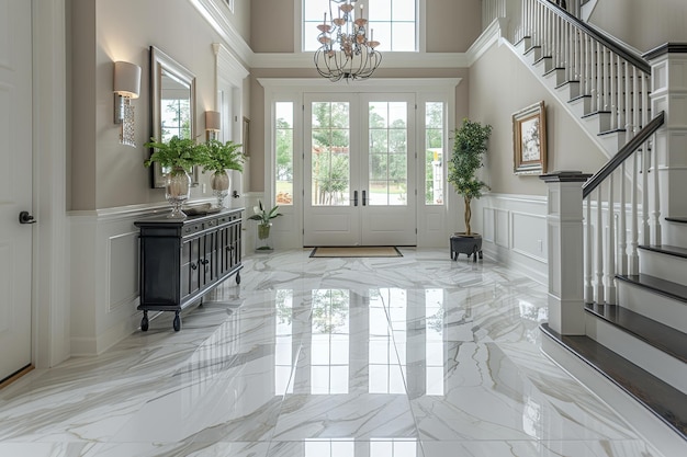 Elegant Entryway A grand entryway with a marble floor a chandelier and a large mirror Add a conso