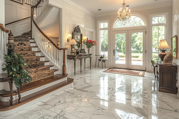 Elegant Entryway A grand entryway with a marble floor a chandelier and a large mirror Add a conso