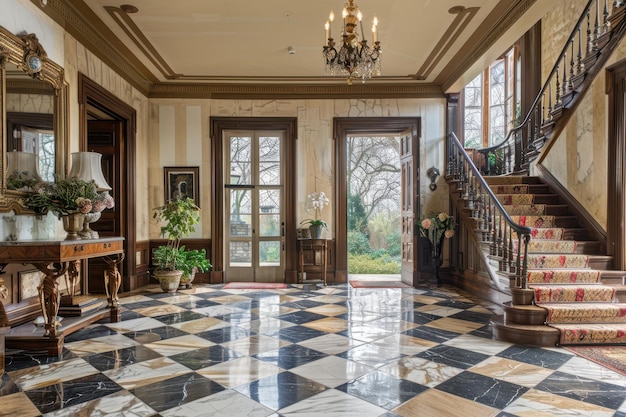 Elegant Entryway A grand entryway with a marble floor a chandelier and a large mirror Add a console