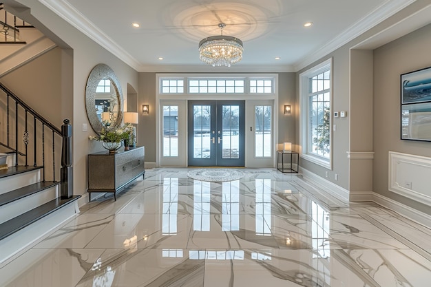 Elegant Entryway A grand entryway with a marble floor a chandelier and a large mirror Add a console