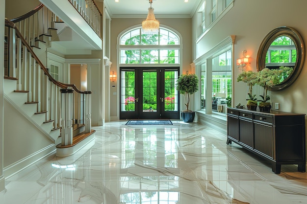 Elegant Entryway A grand entryway with a marble floor a chandelier and a large mirror Add a console