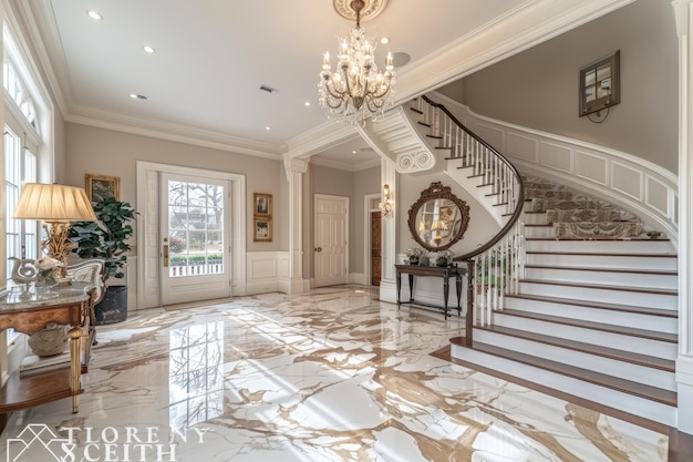 Elegant Entryway A grand entryway with a marble floor a chandelier and a large mirror Add a console