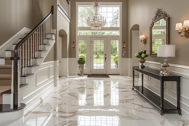 Elegant Entryway A grand entryway with a marble floor a chandelier and a large mirror Add a console