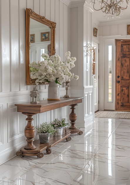 Elegant Entryway A grand entryway with a marble floor a chandelier and a large mirror Add a console