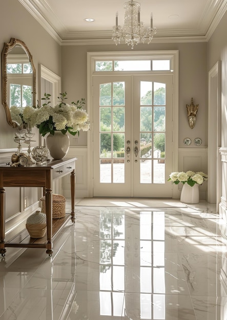 Elegant Entryway A grand entryway with a marble floor a chandelier and a large mirror Add a console