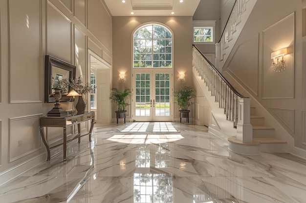 Elegant Entryway A grand entryway with a marble floor a chandelier and a large mirror Add a console