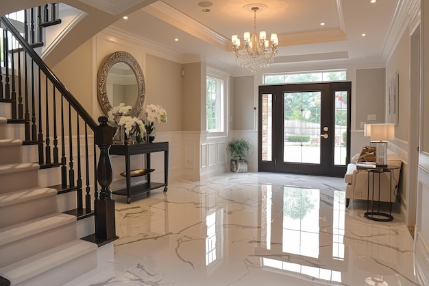 Elegant Entryway A grand entryway with a marble floor a chandelier and a large mirror Add a console