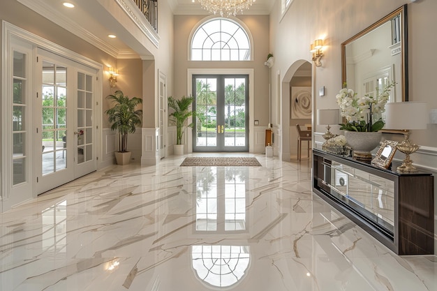 Elegant Entryway A grand entryway with a marble floor a chandelier and a large mirror Add a console