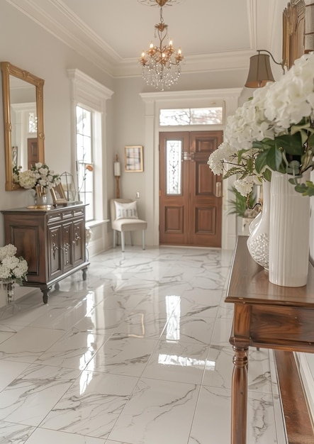 Elegant Entryway A grand entryway with a marble floor a chandelier and a large mirror Add a console