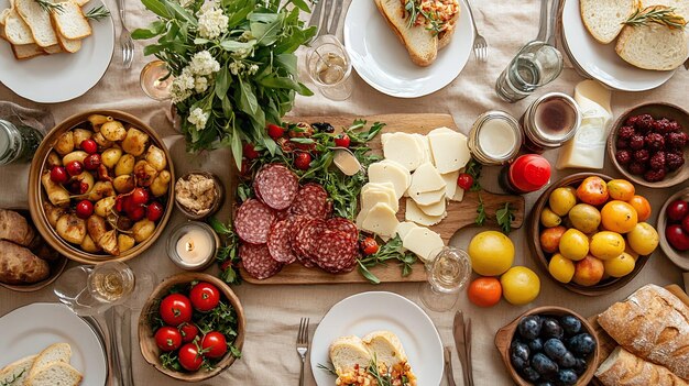 Photo elegant european dining experience full table set with european foods and drinks