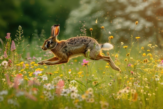 Photo an elegant european hare running through a green meadow flowers in full bloom around it