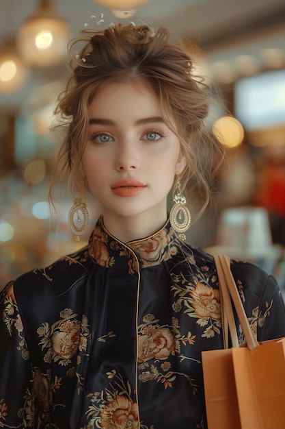 Elegant European Woman Exiting Store with Two Shopping Bags in Each Arm Embracing Summer Style