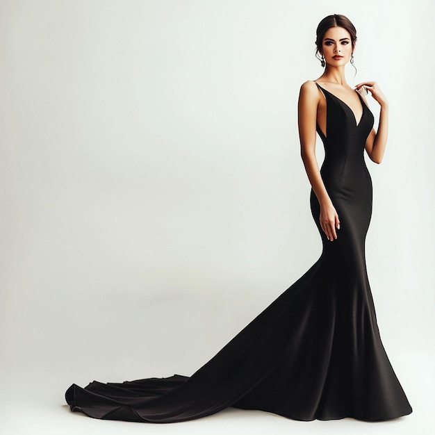 Elegant Evening Gown Black Dress Fashion Model Posing Portrait