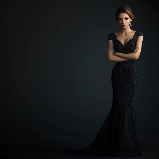 Photo elegant evening gown woman in black dress posing fashionably