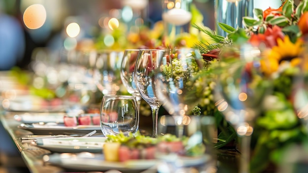 Elegant event table setting with floral decorations and glassware