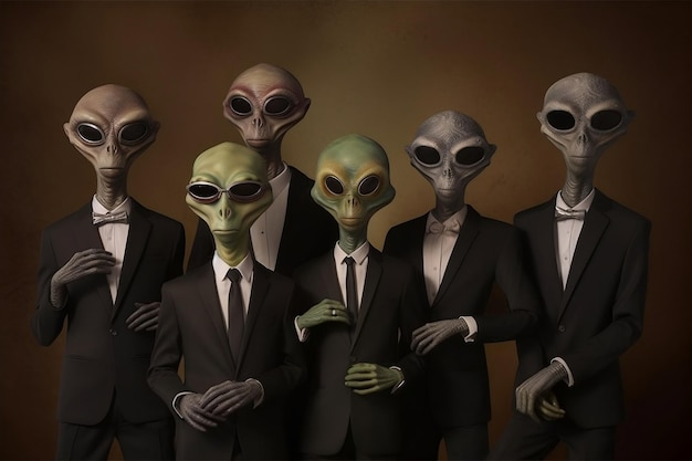 Elegant Extraterrestrial Collective in Tuxedos Generative AI