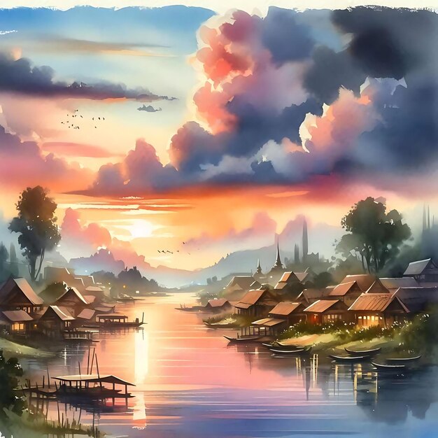 Elegant eyecatching watercolor village scenery