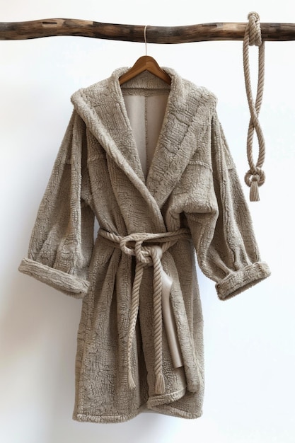 Elegant eyelevel shot of a stylish luxuriously textured spa robe hanging gracefully in a serene setting soft ambient lighting photorealistic detail inviting relaxation